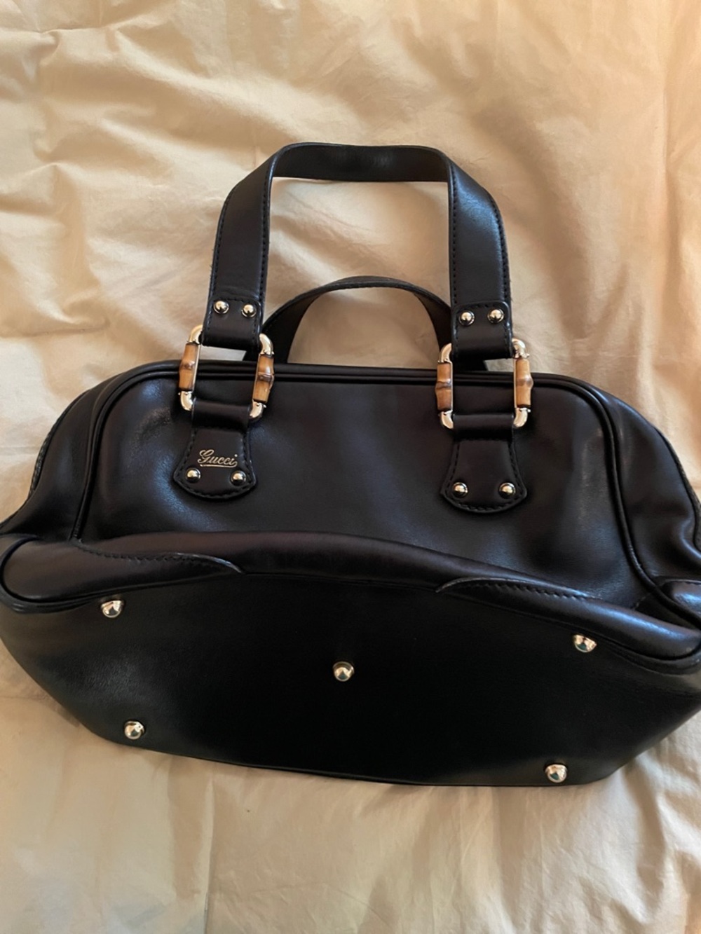 Gucci Black Leather Satchel with Gold and bamboo Accents - Picture 8 of 12